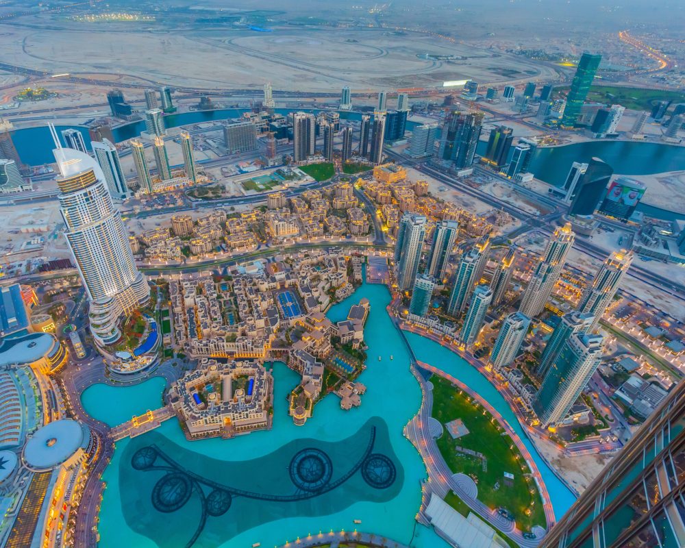 Aerial view of Downtown Dubai at the sunset