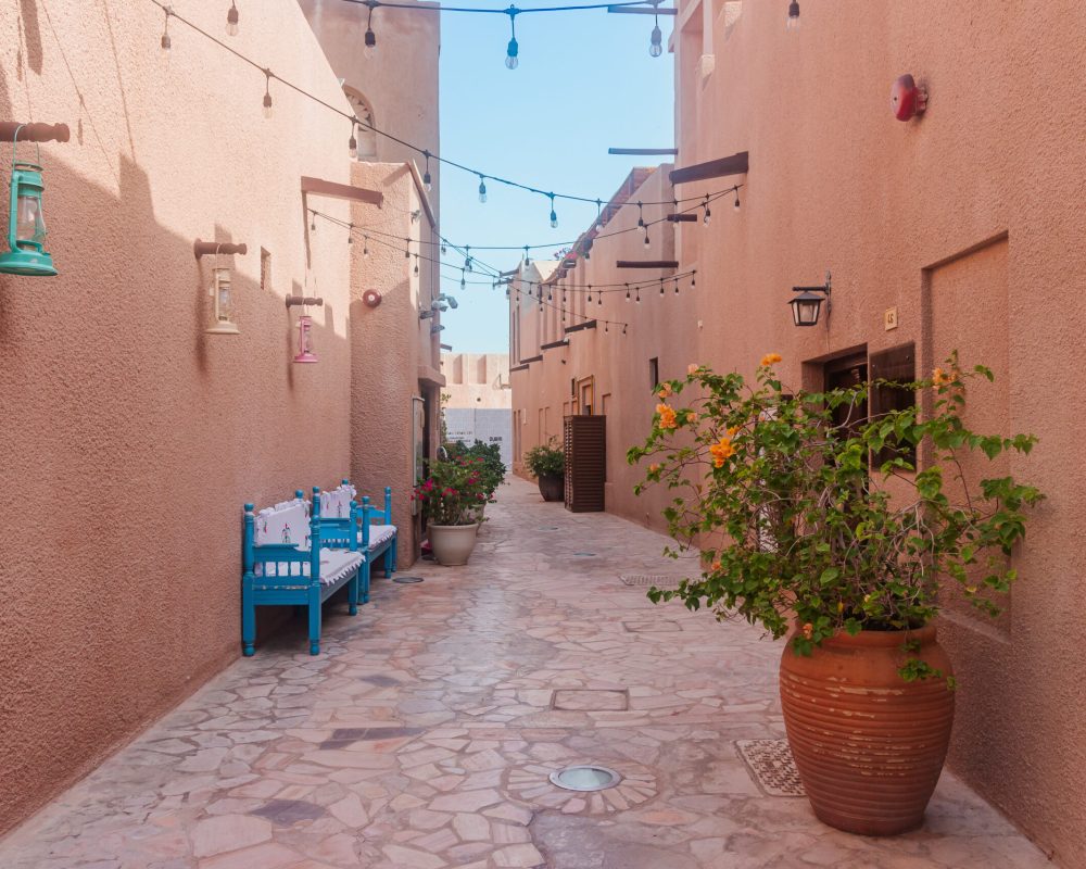 Narrow street in the old town of Dubai, United Arab Emirates. Beautiful street view of Old Dubai, United Arab Emirates. Al Seef Heritage Souq. A Unique Journey Blending History and Culture.